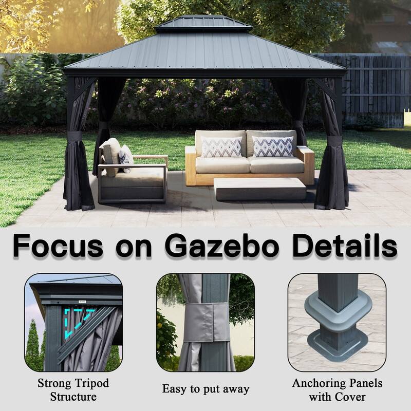 Domi 10x14FT Resin Hardtop Gazebo with Drainage Gutter, 2025 Upgraded Outdoor Metal Gazebo Canopy with Double Roof