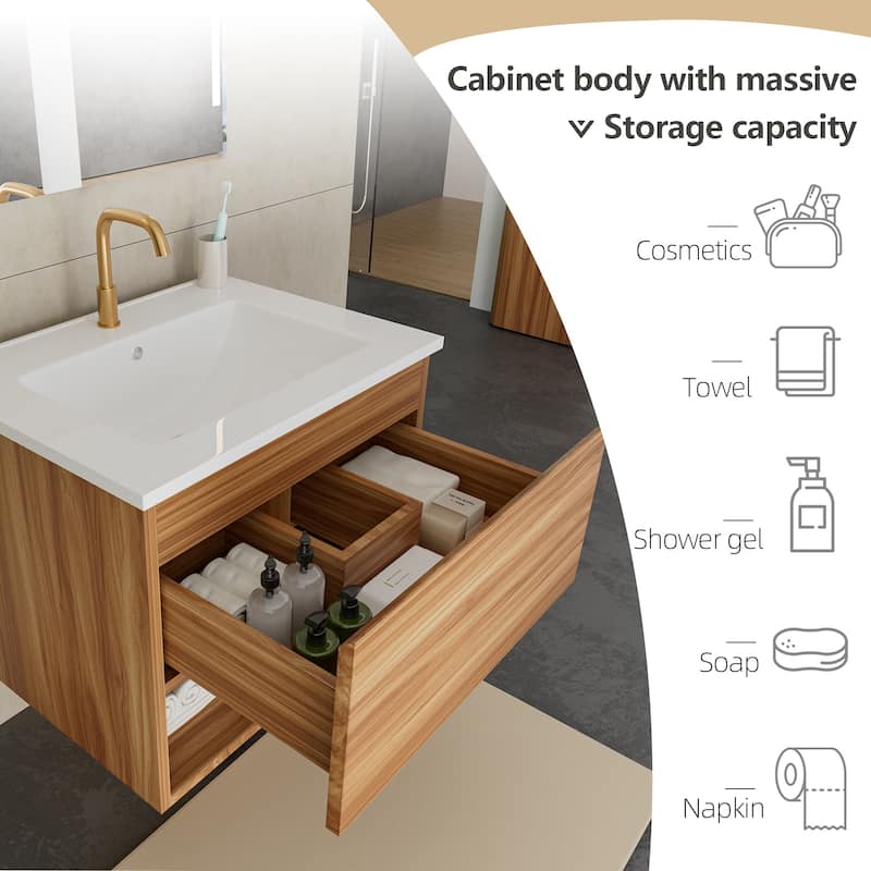 24" Floating Bathroom Vanity with Ceramic Sink - Wall Mounted Fluted Cabinet in Walnut with Drawers, Modern Design