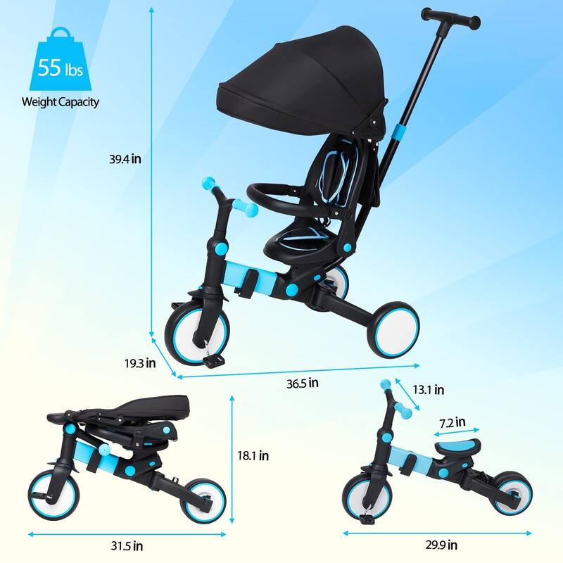 7 in 1 Baby Tricycle,Foldable Kids Tricycle with Adjustable Removable Canopy