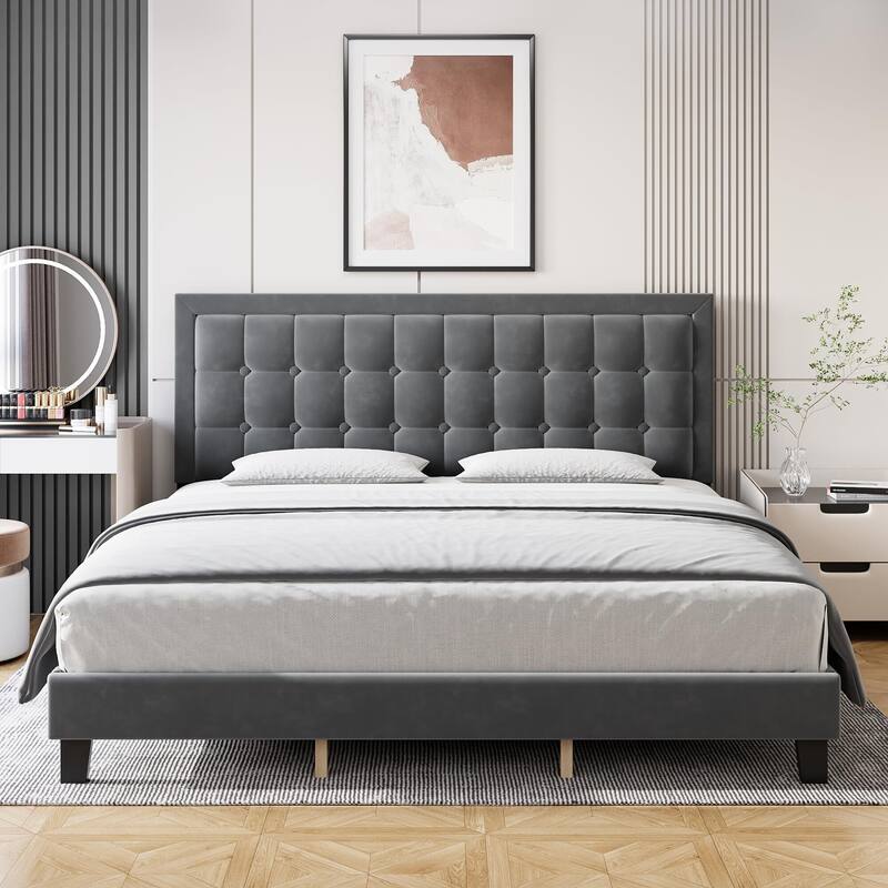 Modern Upholstered Platform Bed with Button Tufted Headboard - Grey - King