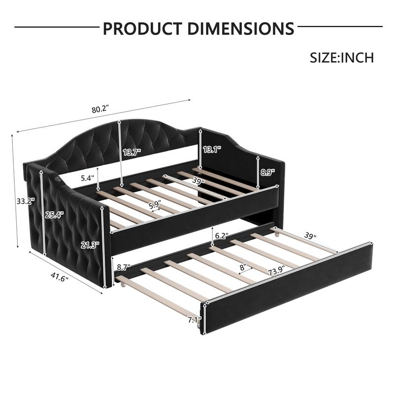 Upholstered Daybed with Trundle ,with USB&Type-C Charging Ports