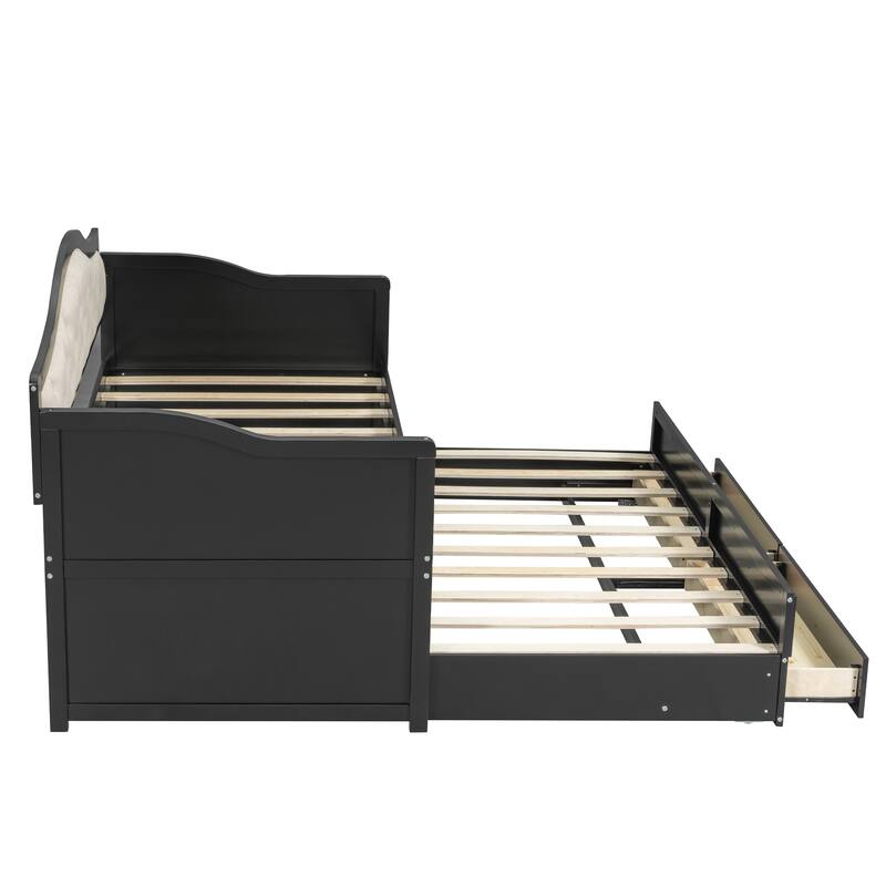 Twin Daybed with Trundle, Twin Size Daybed with 2 Storage Drawers, Wooden Sofa Bed with Upholstered Button Tufted Backrest