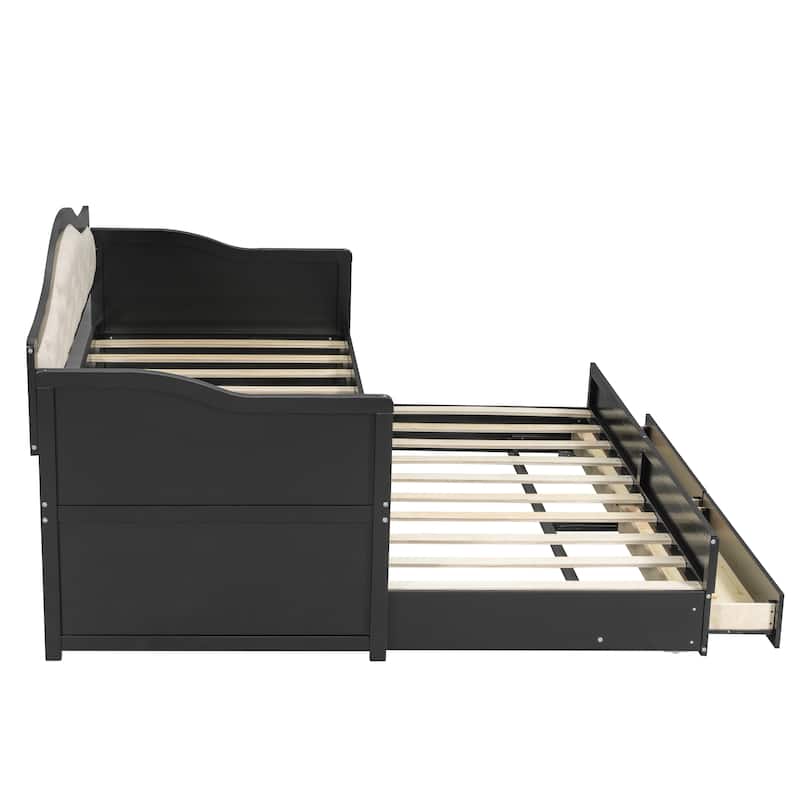 Twin Daybed with Trundle, Wooden Sofa Bed with Upholstered Button-tufted Backrest and 2 Storage Drawers for Living Room Bedroom