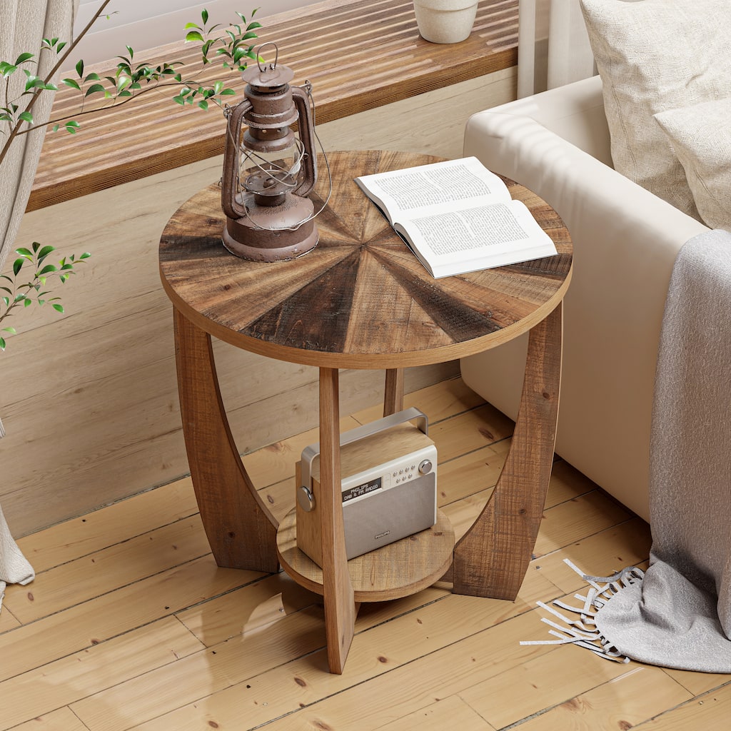 COZAYH Rustic Farmhouse End Table , French Country Accent Side Table for Family, Dinning Or Living Room, Storage Shelf, Round