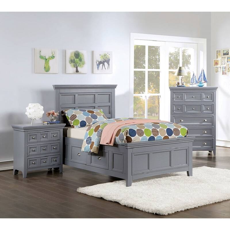 Transitional Gray Solid Wood 3-Drawer Nightstand w/ Round Knobs for Bedroom - Gray