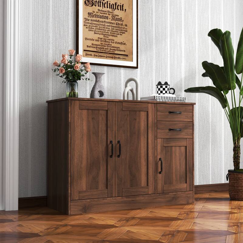 Roomfitters Modern Walnut Buffet Sideboard, 43" Dining Storage Cabinet with Drawers and Doors, Walnut