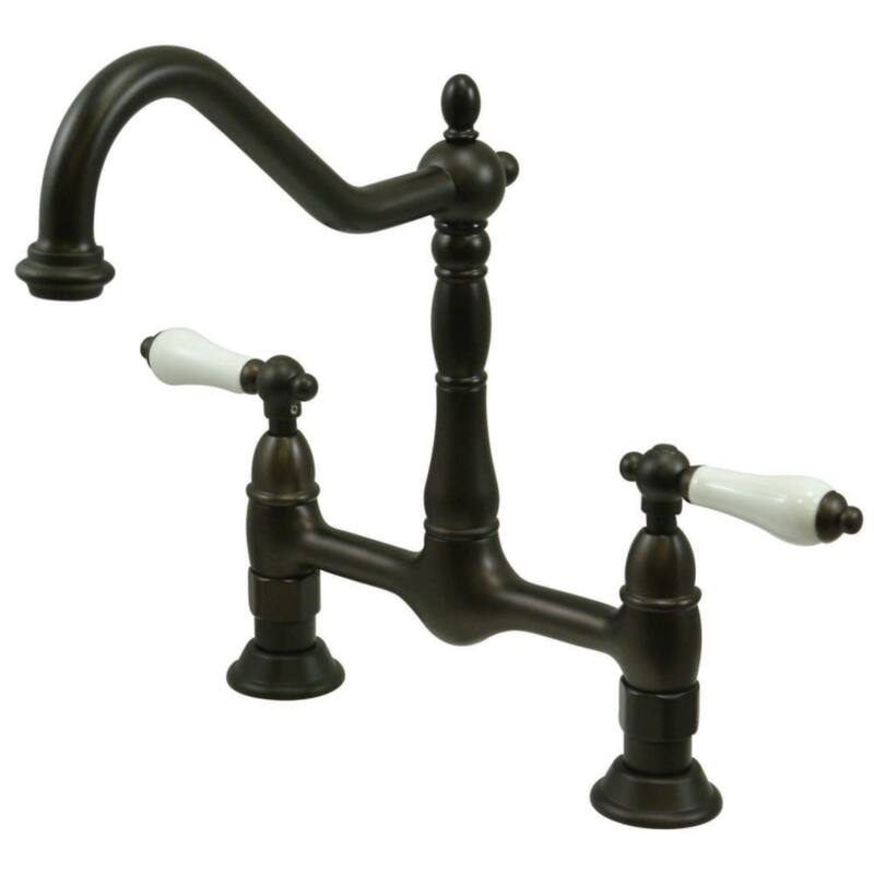 Kingston Brass Heritage Bridge Kitchen Faucet with Porcelain Lever - Oil Rubbed Bronze