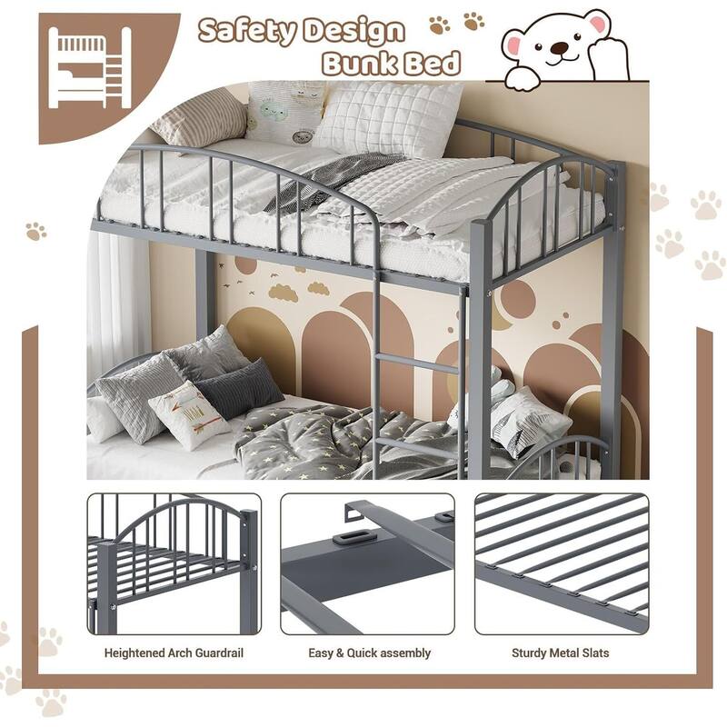 Bunk Bed Twin Over Twin with Stairs and Arched Guardrail for Bedroom and Small Space
