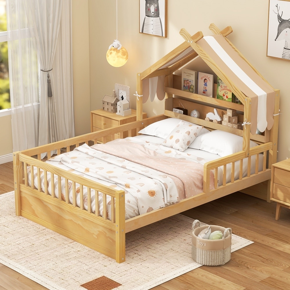 Wooden House Bed with Storage Headboard Shelf