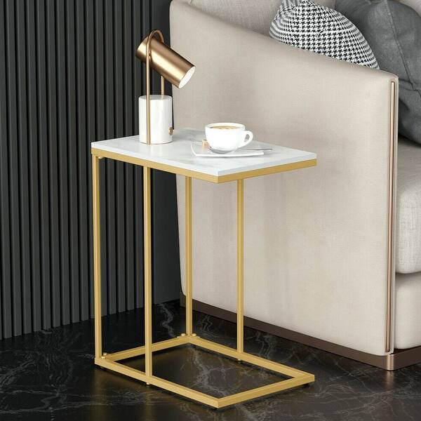Solid Real Marble End Table Gold Metal C Shaped Frame Bedside Table
