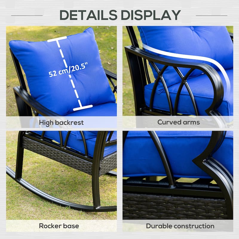Outdoor Wicker Rocking Chair with Padded Cushions, Aluminum Rattan Porch Rocker Chair with Armrest for Garden, Patio