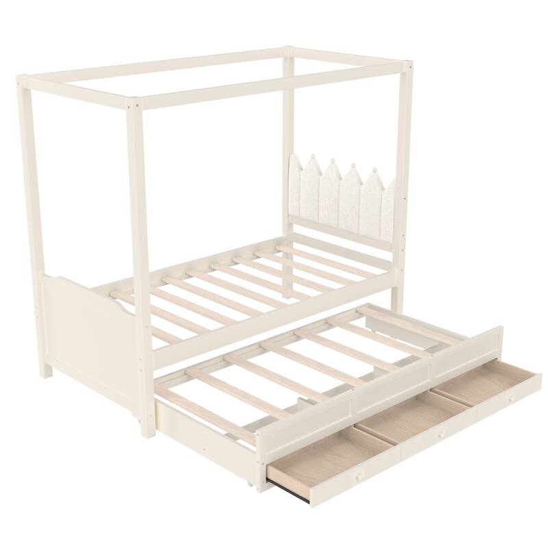 Roomfitters Canopy Bed with Trundle and Drawers, Upholstered Crown Headboard, Solid Wood Frame