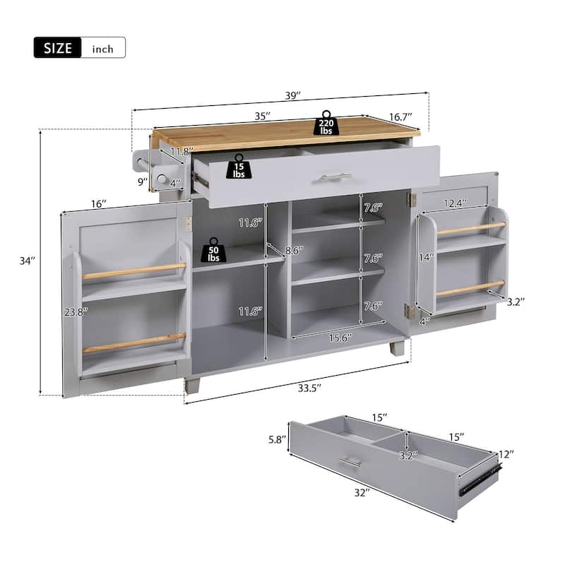 Rubberwood Kitchen Cart with Drop Leaf, Internal Storage Rack, Towel Rack and Spacious Divided Drawer