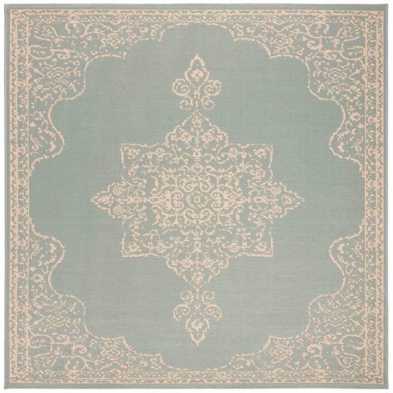 SAFAVIEH Beach House Zanfira Indoor/ Outdoor Waterproof Patio Backyard Rug - 8' Square - Cream/Aqua