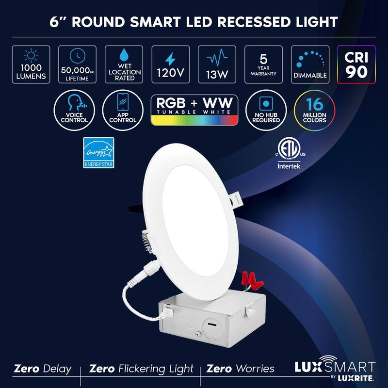 Luxrite 6 inch Smart LED Recessed Lighting, RGBW Color Changing, WiFi and Voice Control, Alexa and Google Home 4-Pack