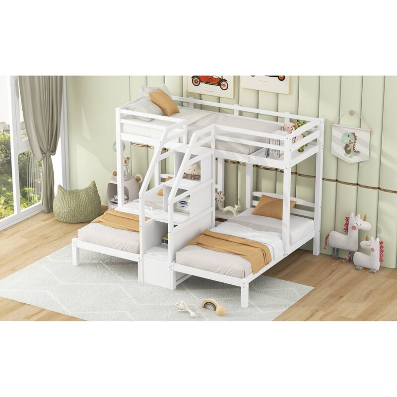 Twin over Twin & Twin Bunk Bed with Built-in Staircase and Storage Drawer