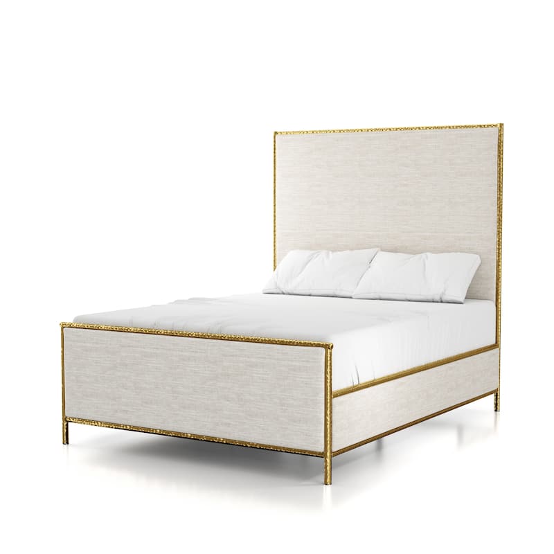 Furniture of America Zayen Modern Beige Upholstered Queen Size Hammered Metal Platform Bed - Gold