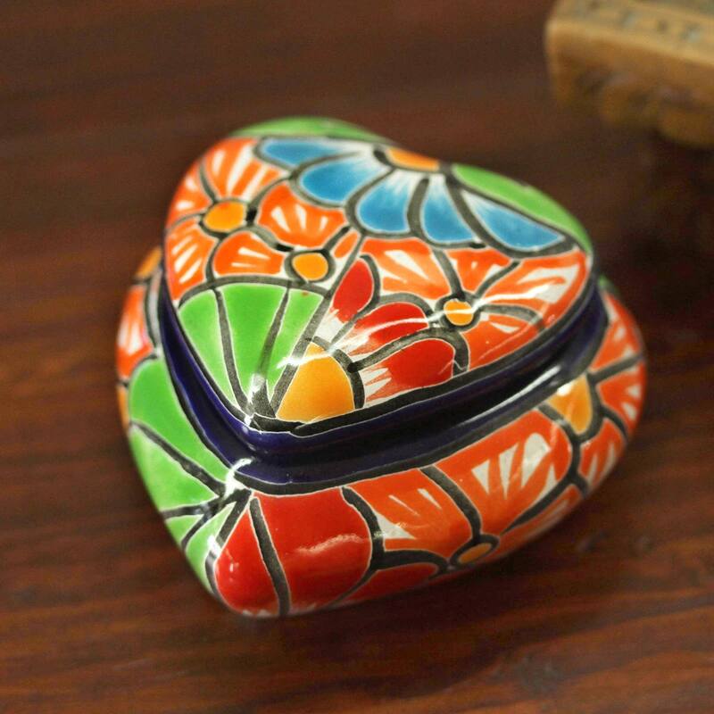 Handmade Floral Heart Ceramic Decorative Box (Mexico) - 2.2" H x 3.3" W x 3.6" D
