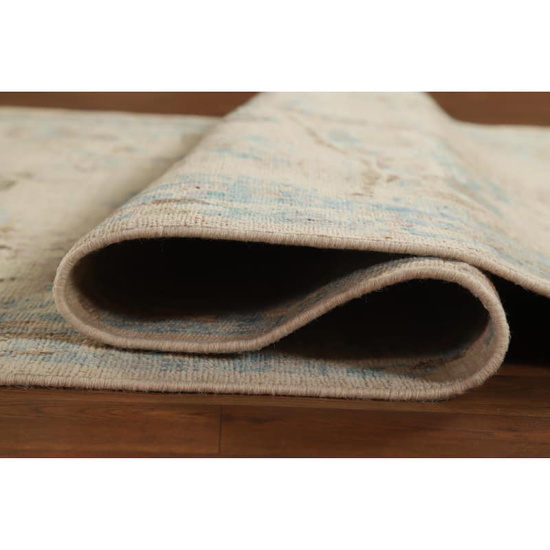 Hand Knotted Oriental 100% Wool Carpet Traditional Floral Beige & Ivories Art Deco Runner Rug - 14' 1'' X 4' 10''