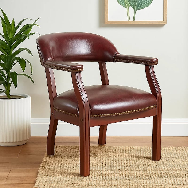 Elon Guest Chair, Brass Nailhead Trim, Mahogany, Burgundy Oxblood Vinyl