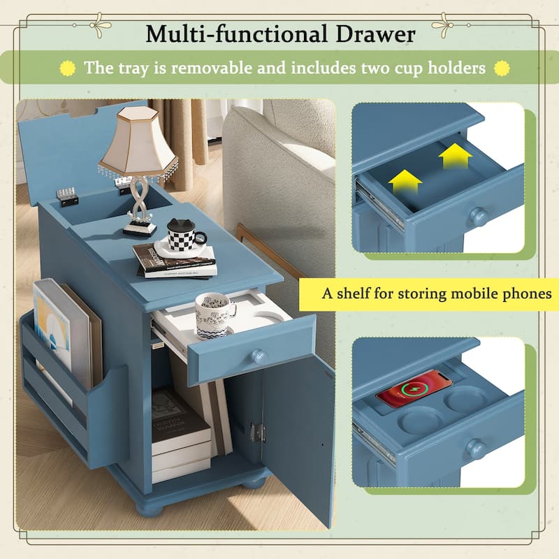 Vintage End Table Flip Top Side Table with USB Ports