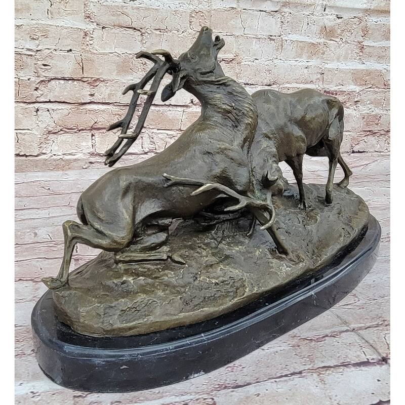 Two Elk Fighting Bronze Sculpture Animal Wildlife Marble Base Figurine Figure