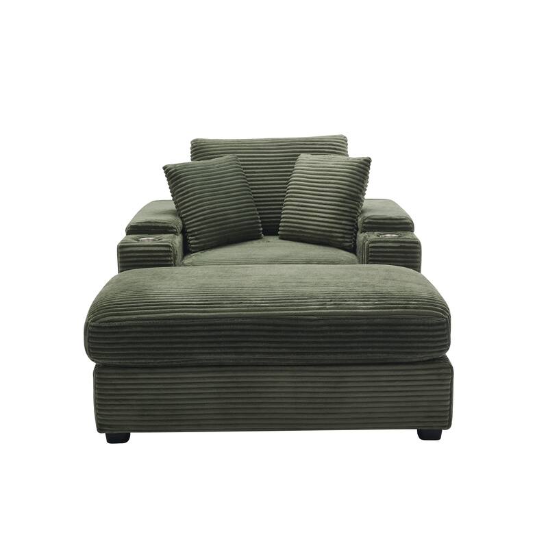 Corduroy Upholstered Chaise Lounge Sofa With Handrail Storage,Movable Ottoman,Cupholders,Detachable Cushions Deep Seat