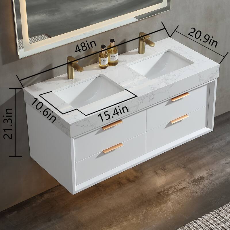 36/48/60 Modern Floating Bathroom Vanity with Sinle/Double Sink & Soft-Close Drawers & LED Lighting & Waterproof, White