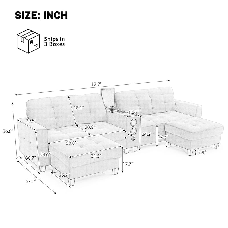 Modular U-shaped Sectional Sofa Couch with Movable Storage Ottomans, Multifunctional Console, Bluetooth Speakers and LED Lights