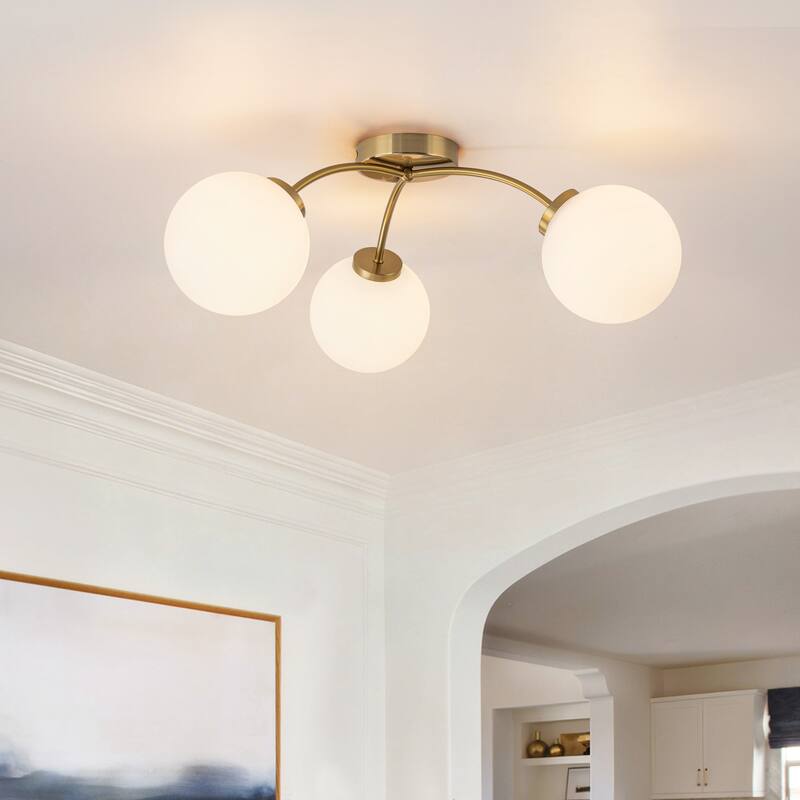 6-Light Brass Semi-Flush Mount Ceiling Light with Opal Glass Shades - 24.2-in W x 9.05-in H - Gold