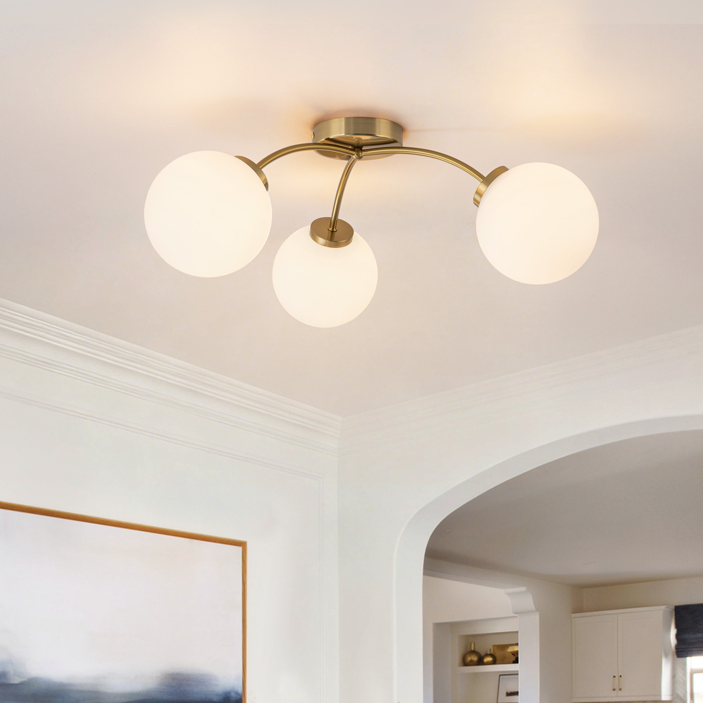 6-Light Brass Semi-Flush Mount Ceiling Light with Opal Glass Shades - 24.2-in W x 9.05-in H
