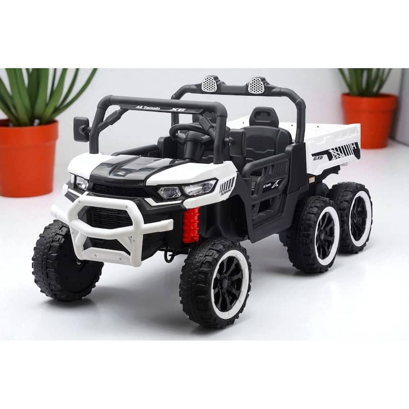 24V 2-Seater Kids Ride On Dump Truck with Remote, 4WD 6-Wheel UTV Car with Electric Dump Bed, LED Lights & Music - White