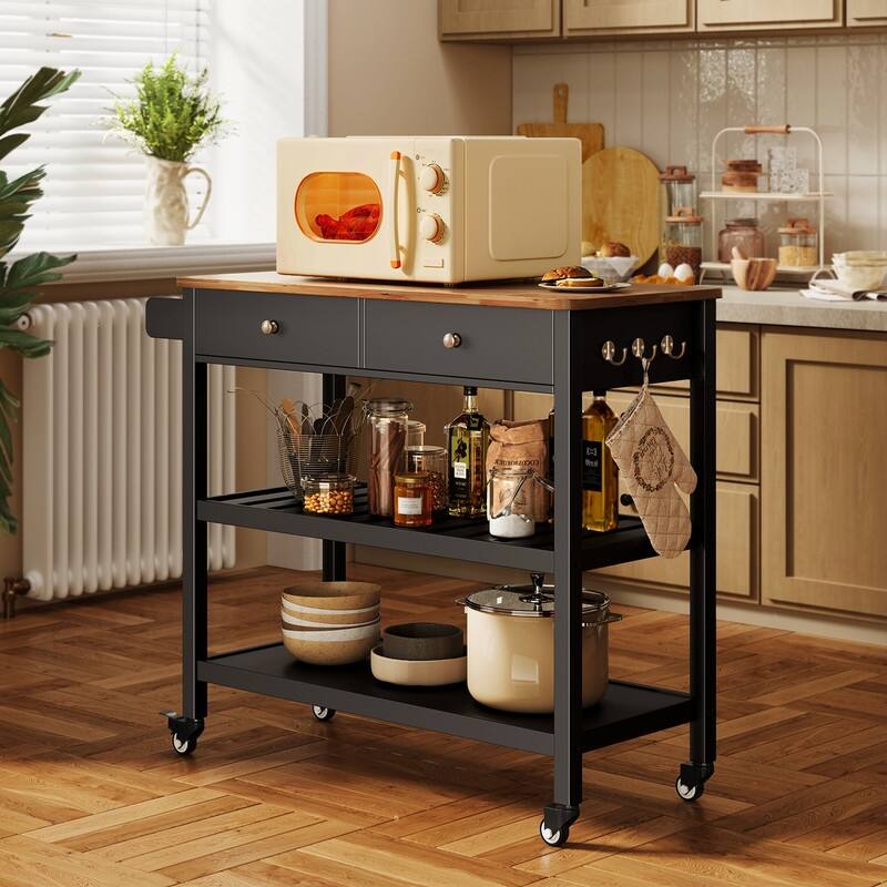 Kitchen Island Cart, Rolling Trolley Utility Cart on Wheels with 2 Drawers and 2 Open Tiers Storage Shelves