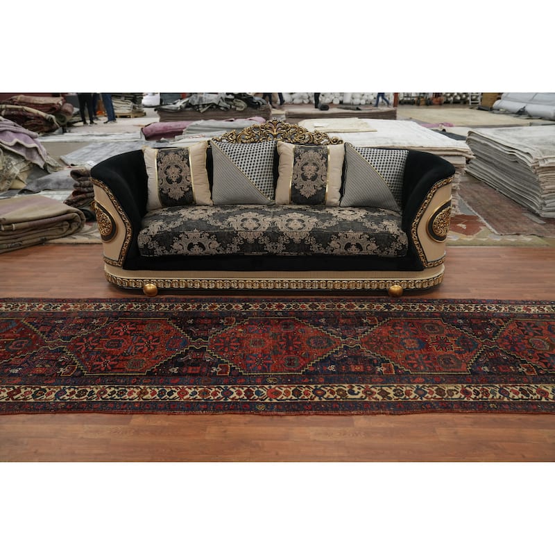 Hand Knotted Oriental 100% Wool Carpet Traditional Geometric Navy Blue & Blues Bidjar Runner Rug - 17' 7'' X 3' 10''