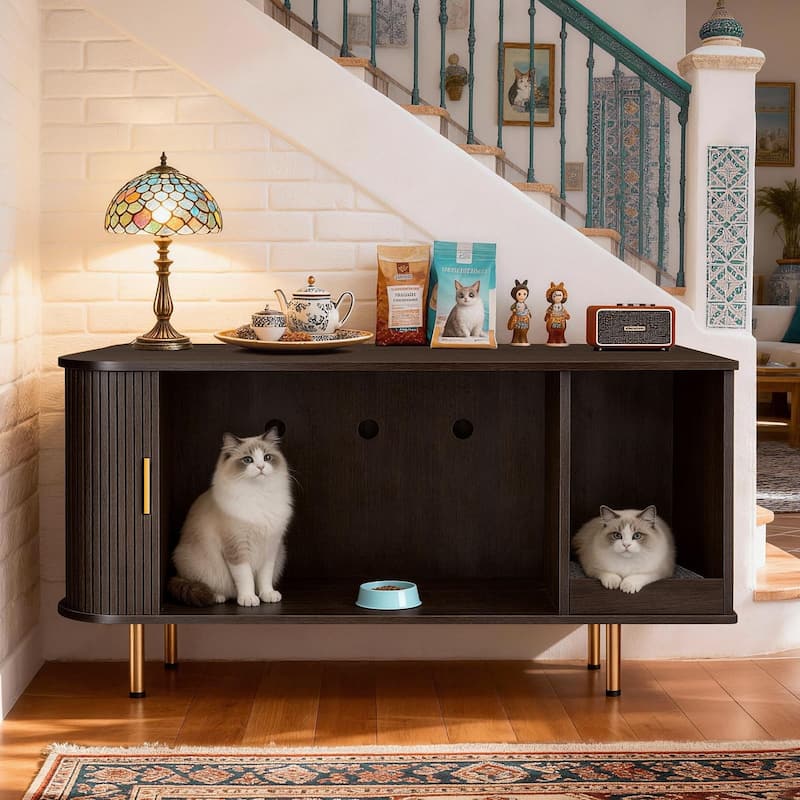 38.5" Cat Litter Box Enclosure with Scratch Pad and Sliding Door,Cat Hidden Litter Box Cabinet,Modern Indoor Cat House,TV Stand - Coffee