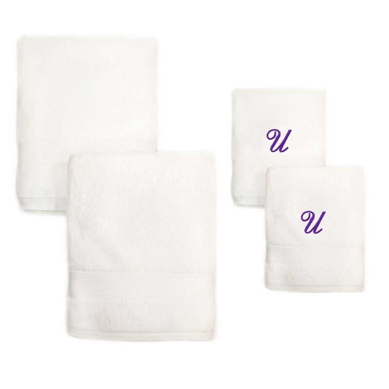 Sweet Kids 2-piece White Turkish Cotton Bath and Hand Towel Set with Lavender Purple Monogrammed Initial - white/purple u