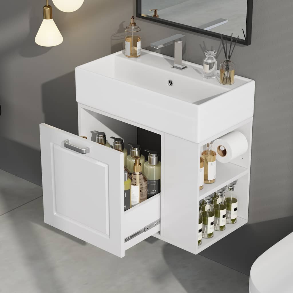 21.8 inch Bathroom Vanity with Sink, Wall Mounted Floating Cabinet, One big Drawer, Adjustable Shelf, Toilet Paper Holder