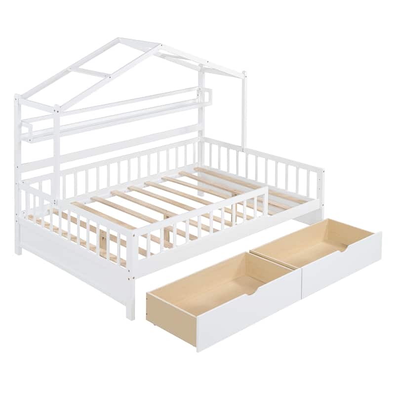 Kids Wood Bed Frame Roof House Bed with 2 Pull-out Drawers, Storage Platform Bed, Wood Slat Support Panel Bed