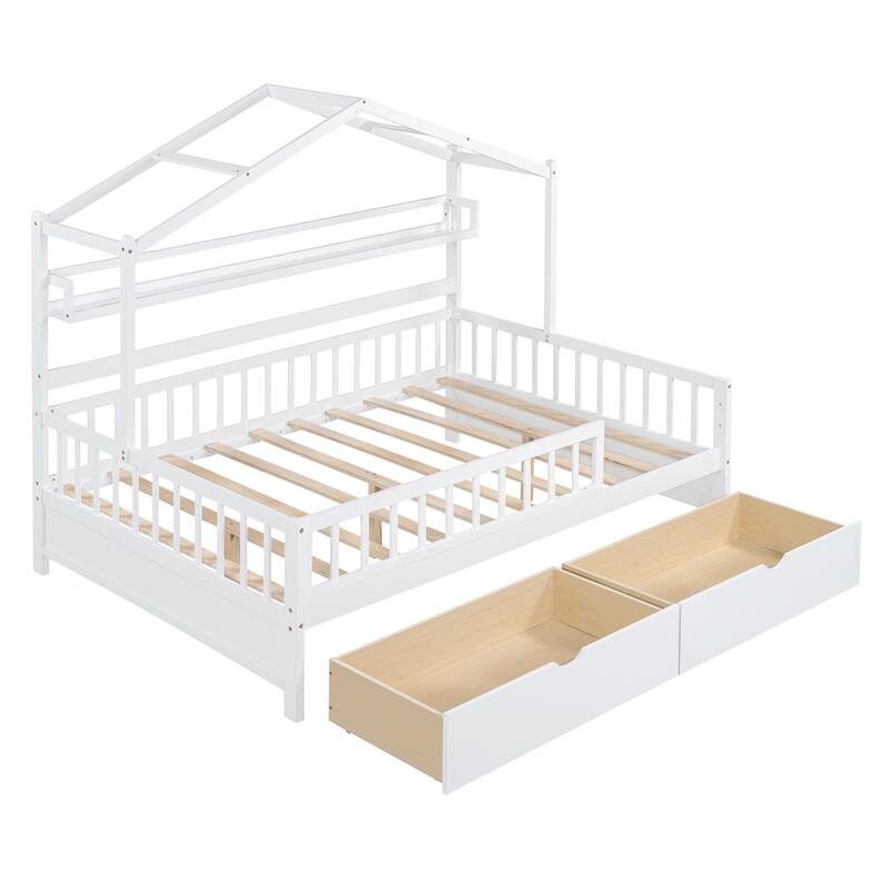 Pine House Bed with Roof, Drawers, and Shelf