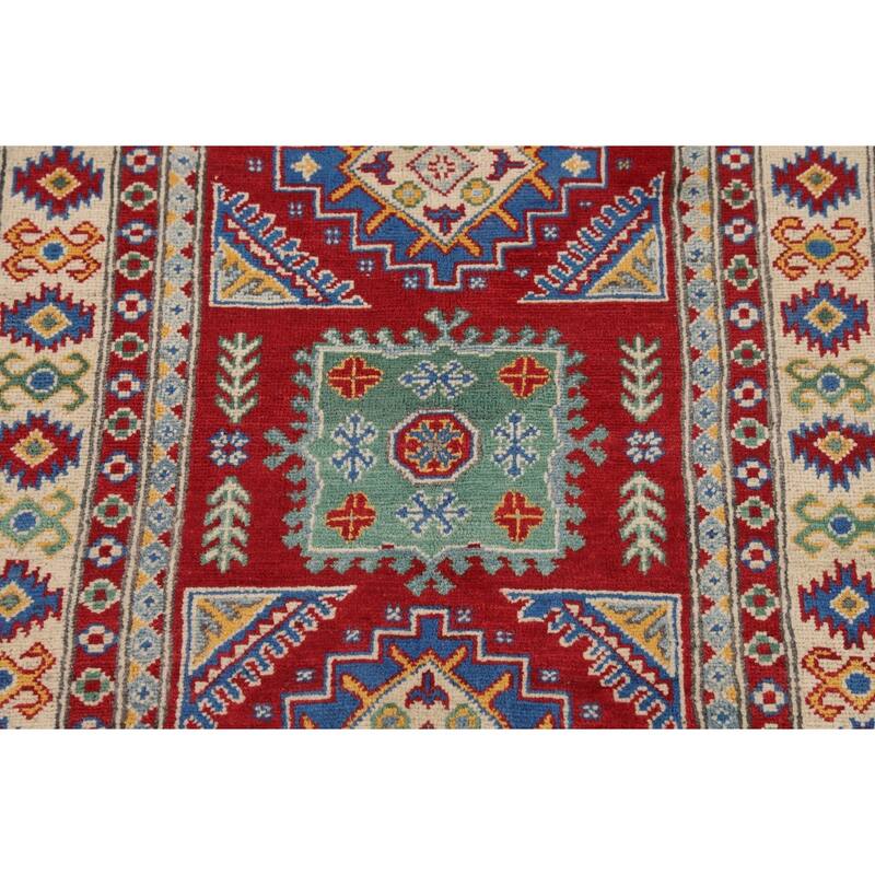 Red Geometric Kazak Oriental Foyer Rug Hand-Knotted Wool Carpet - 3'4" x 5'0"