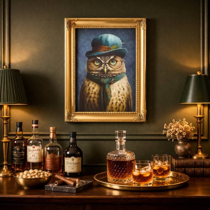 American Art Decor Old Wise Owl Ornate Framed Bar Wall Decor - 16.75" H x 13.75" L x 1" D
