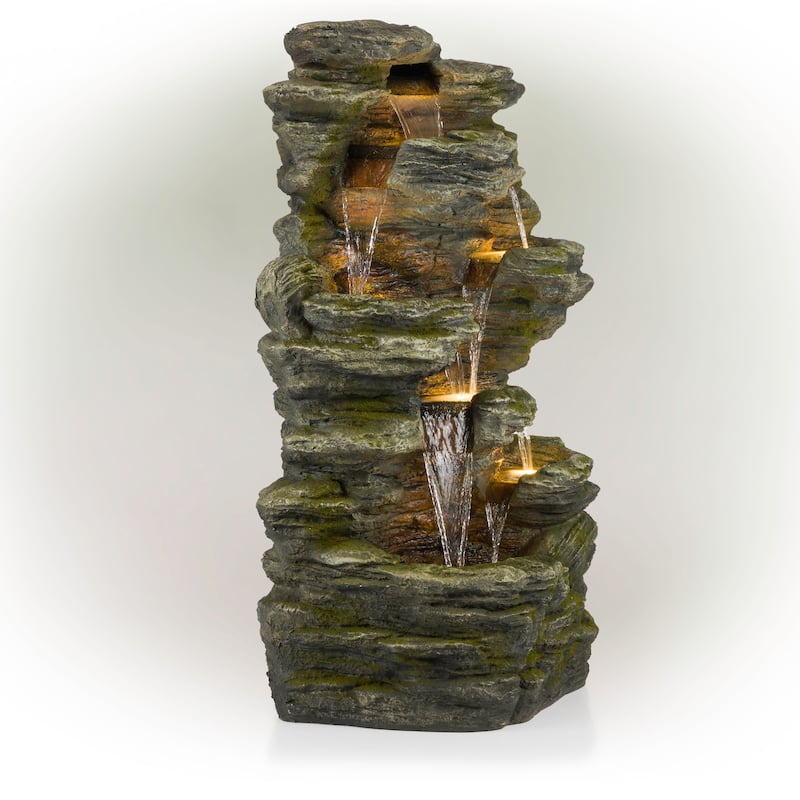 Alpine Corporation WIN1092 51" Brown Outdoor Floor Multitiered Rock Waterfall Fountain with LED Lights