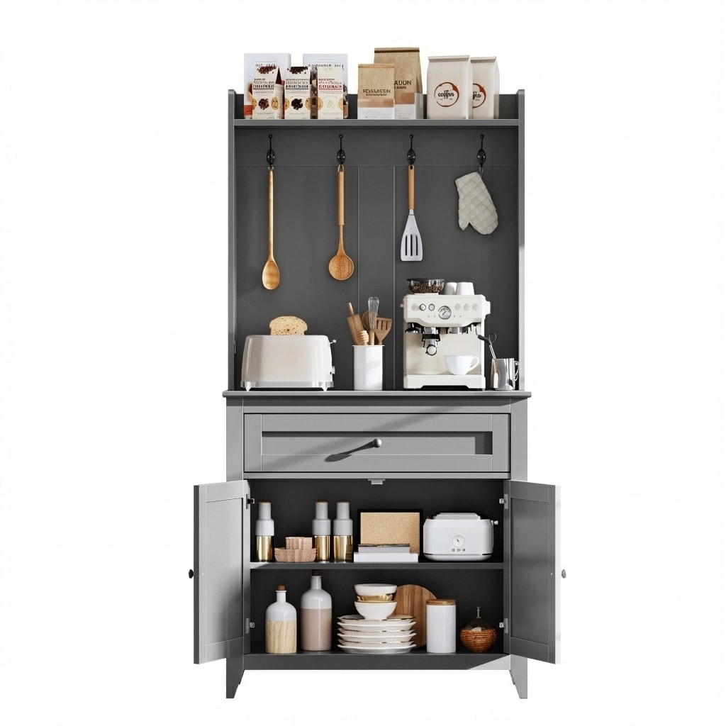 Pantry Cabinet with 4 Hooks, Kitchen Pantry Cabinet, Coffee Bar Table with Drawer & Adjustable Shelves
