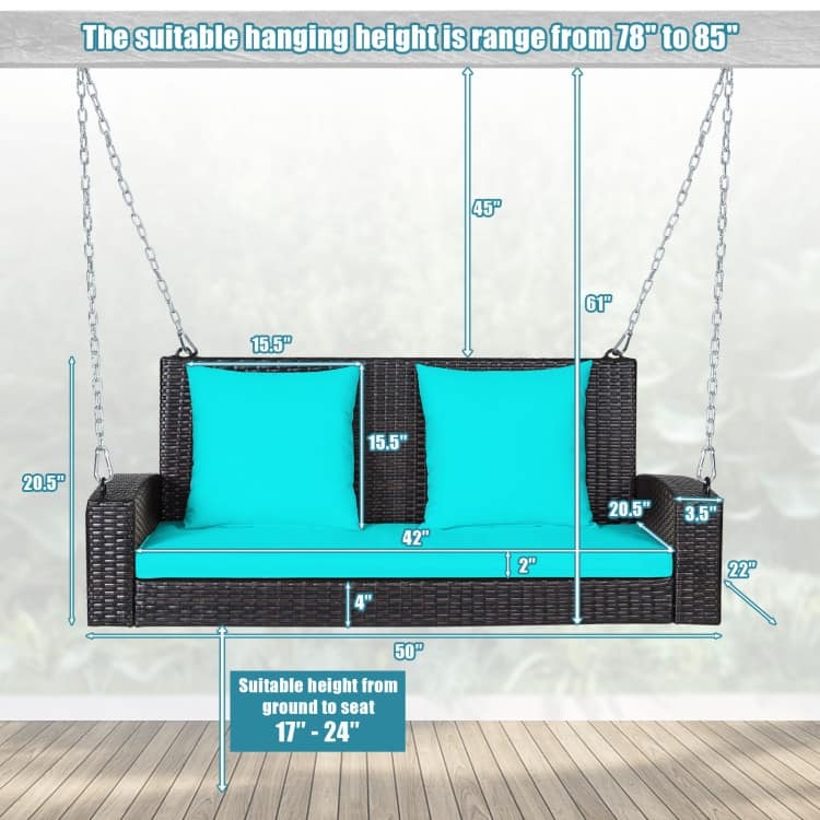 2-Person Wicker Hanging Porch Swing with 2 Back Cushions and 1 Seat Cushion - 50" x 22" x 20.5" (L x W x H)