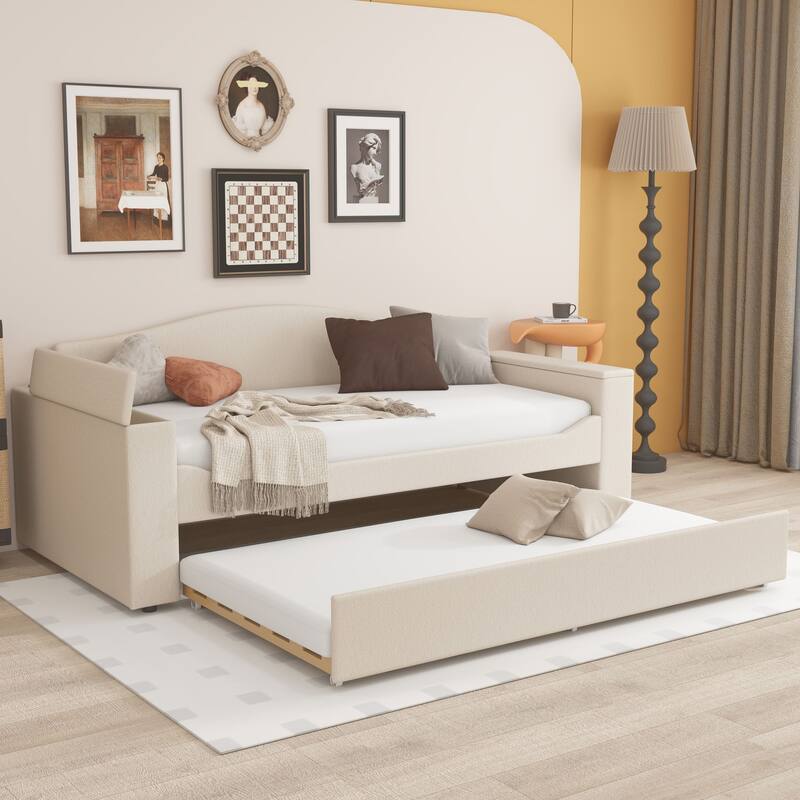 Sofa bed with storage arms, trundle bed and Bluetooth stereo