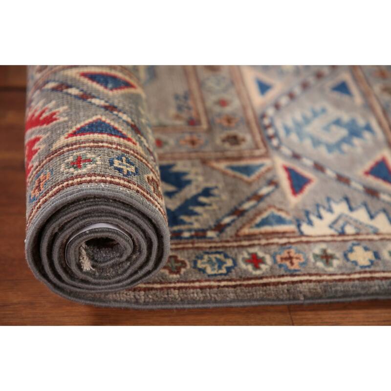 Geometric Kazak Oriental Accent Rug Hand-Knotted Grey Wool Carpet - 2'7"x 4'1"
