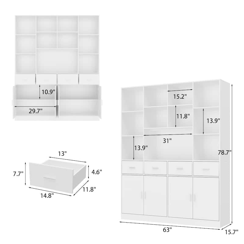 Wood Large Bookshelf Furniture for Bedroom Home Office Living Room - 78.7"H x 63"W
