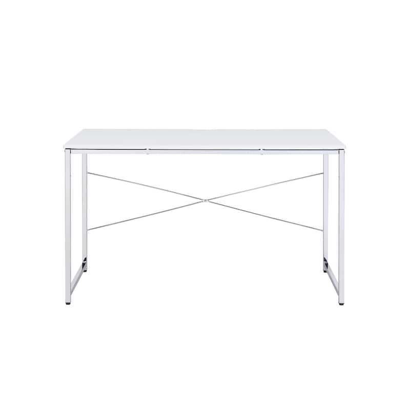 Wood Writing Desk with Silver Metal Frame and Reversible Design - White-Silver