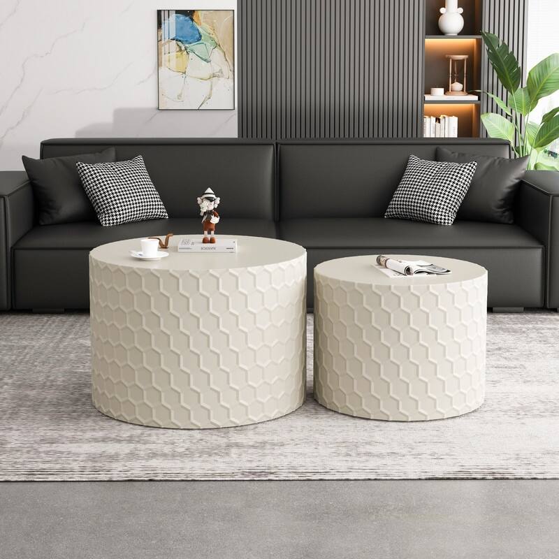 Stylish and Minimalist Nesting Coffee Table Set with Honeycomb Design, Modern Round Coffee Table, Drum Circle Coffee Table - Beige