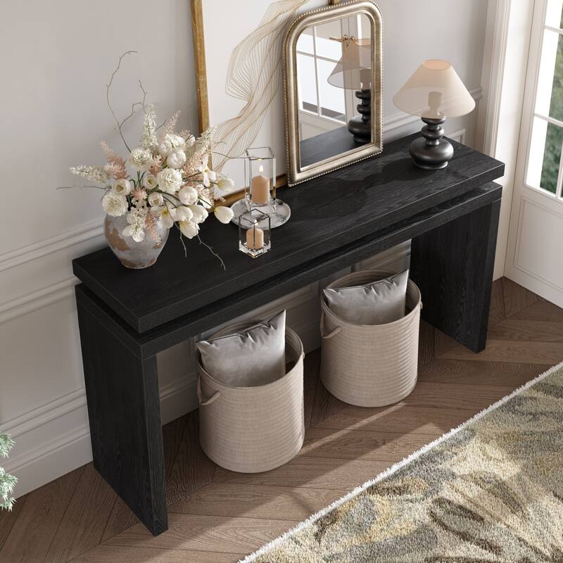 60in Antique Natural Farmhouse Console Table Retro Wooden Double Board Entryway Sofa Table